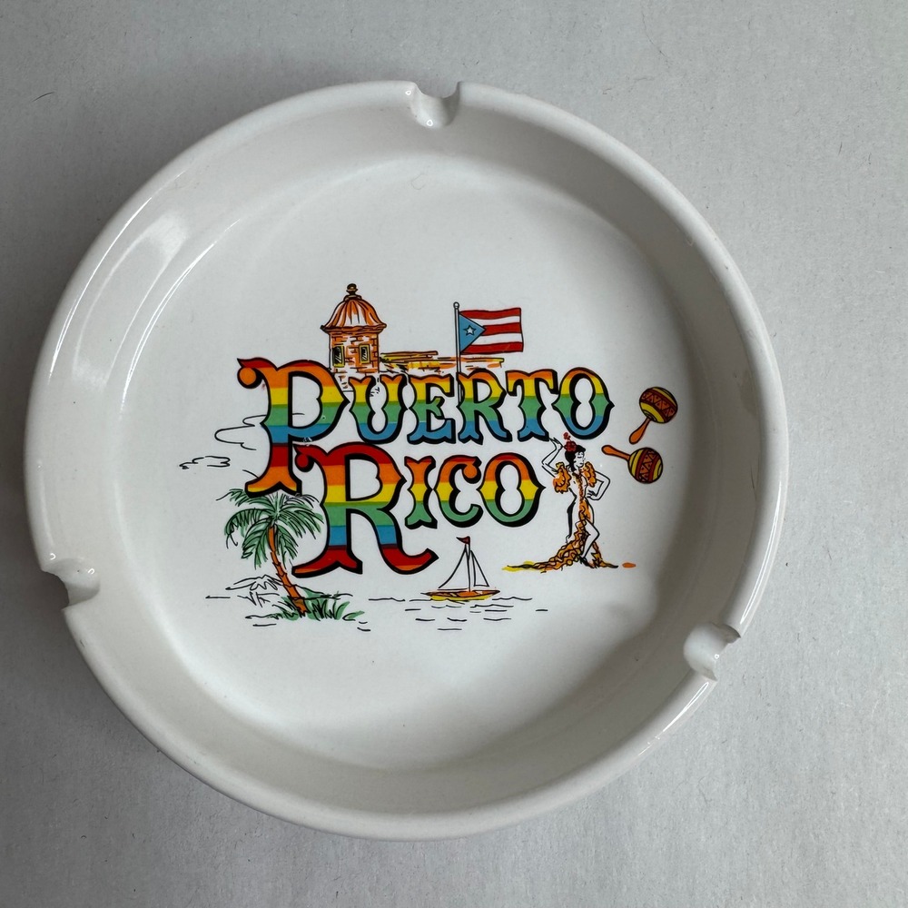 Vintage Puerto Rico Souvenir Ceramic Ashtray White Multiโ Color Graphic